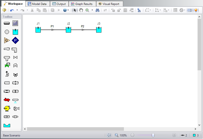 The Workspace for the XTS Reservoir Balance example with three reservoirs and two pipes.